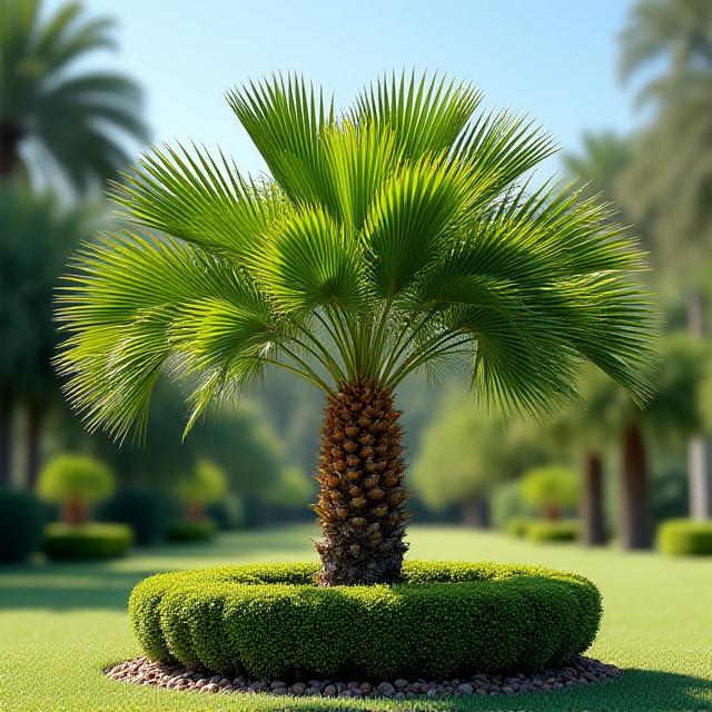 Expert trimming of a small palm tree and surrounding shrubs